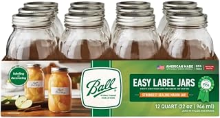 Ball Regular Mouth Easy Label Glass Mason Jars with Lids and Bands, Used for Canning, Pickling, Juice, Jam, Jelly, Quart Size 32 Ounce (Pack of 12)