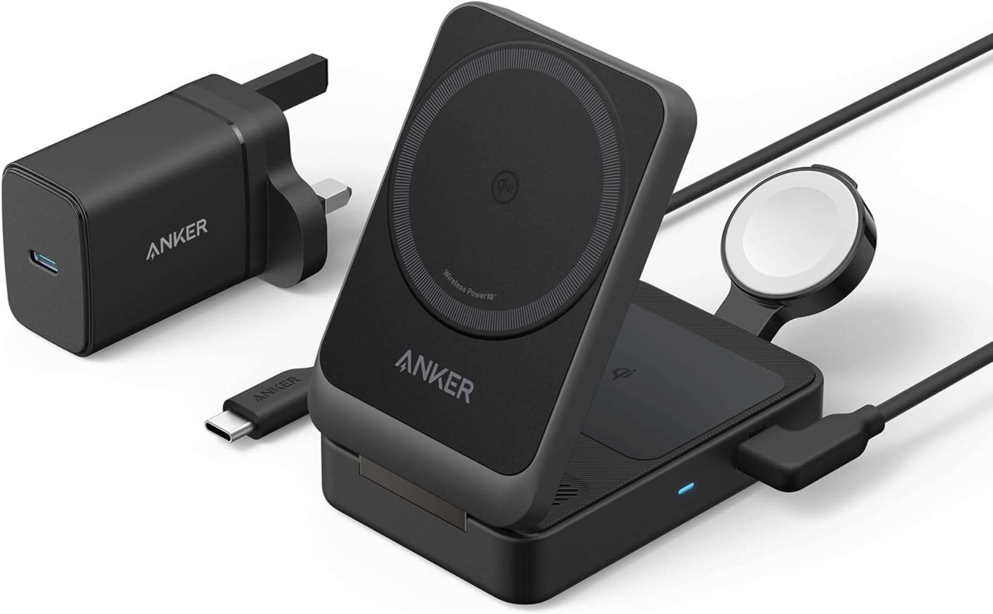 Anker MagSafe Charger Compatible, MagGo 3-in-1 Wireless Charging Station, Qi2 Certified 15W Wireless Stand, Apple Watch Charger for MagSafe, For iPhone 17/16/15, AirPods (40W USB C Charger Included)