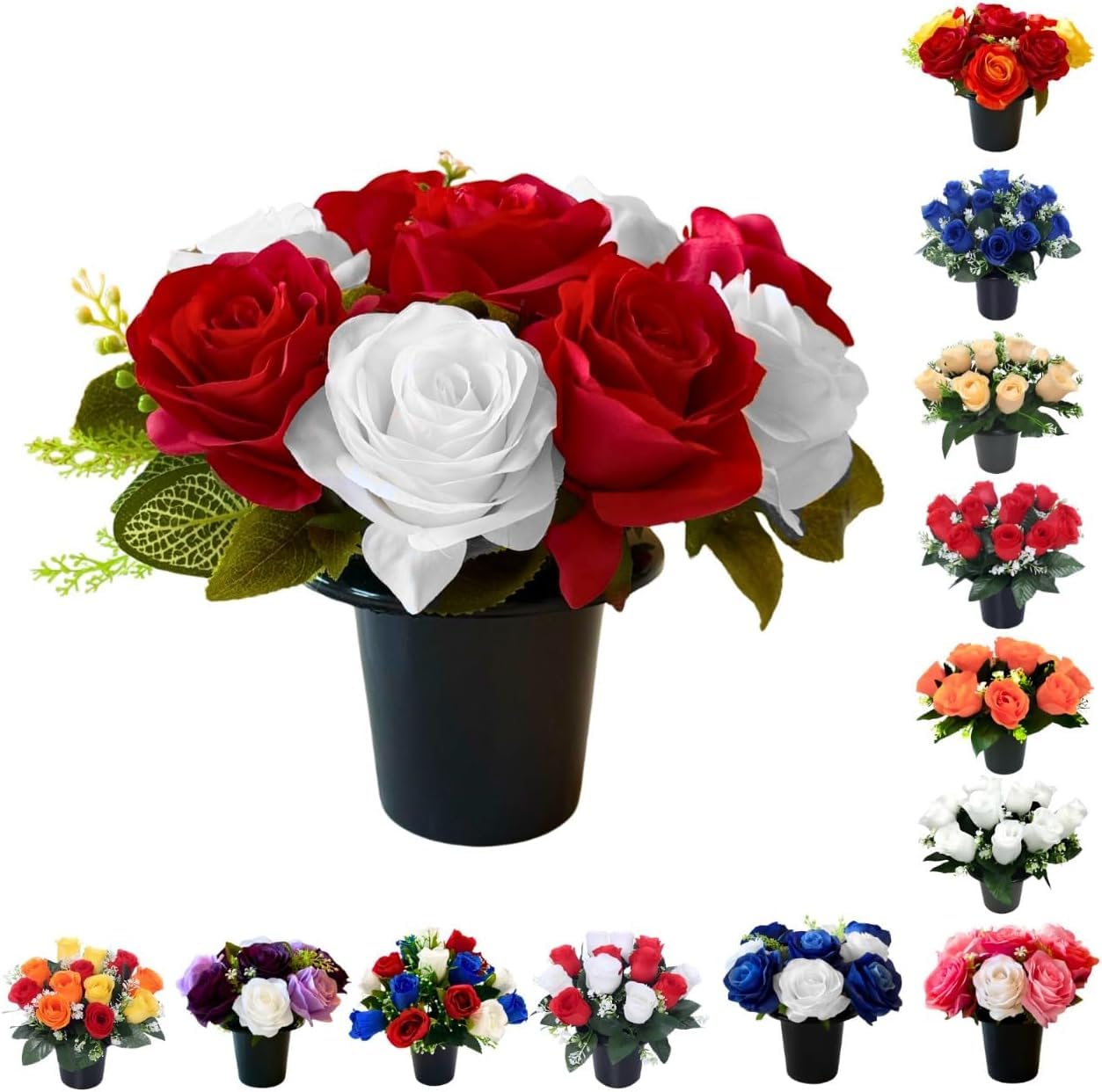 Pack 1 Artificial Flowers for Graves in Pots 25cm | 12 Head Red & Ivory Grave Flower Pots for Christmas | Luxury Memorial Flowers for Graves, Funerals & Lasting Tributes | All Season Displays — image 1