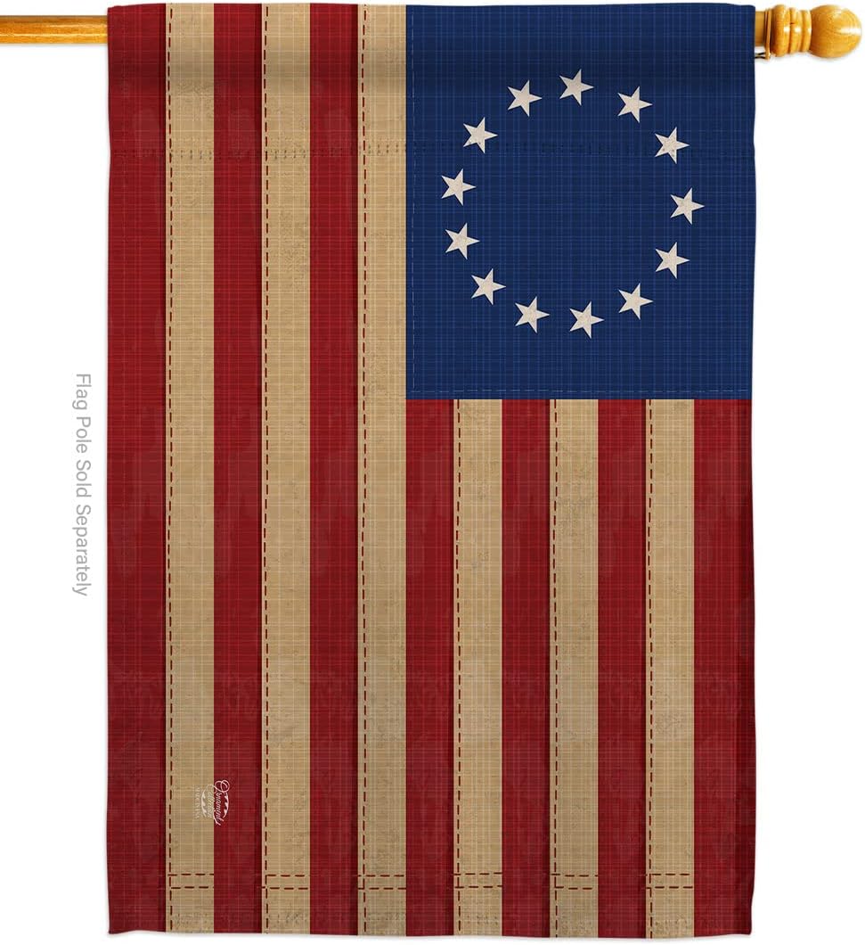 Heritage Betsy Ross House Flag Dowel Set Americana US Historic July Memorial Veteran Independence United State American Small Decorative Gift Yard Banner Made in USA 28 X 40