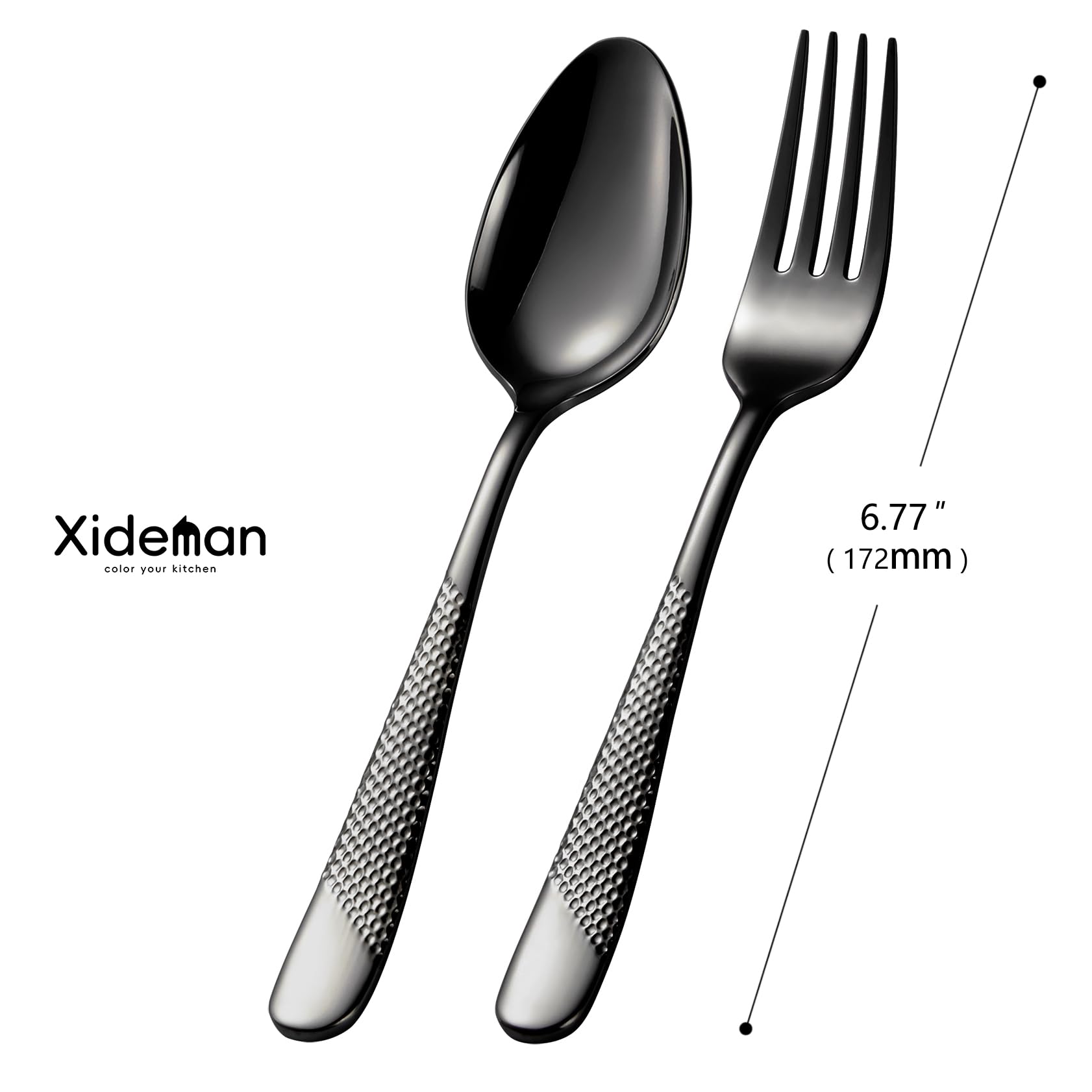 24 Stück Premium Löffel und Gabeln Besteck Set (17cm) - 18/10 Edelstahl Mittelgroße Tafellöffel/DessertLöffel/Suppenlöffel/Esslöffel & Gabel Set, Rutschfest Gehämmert