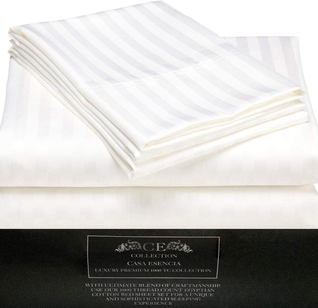 100% Egyptian Cotton Sheets 1000 Thread Count 4 Piece Extra Deep Pocket Bed Sheet Set Sateen Stripe (White, King)