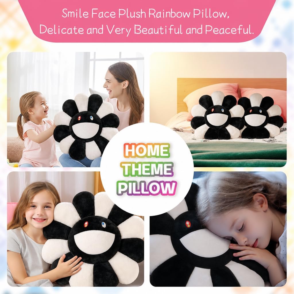 Smile Face Plush Rainbow Pillow, Sunflower Indie Decor Plush Pillow Soft & Comfortable Flower Floor Pillow for Home Reading Bed Room Decoration (40CM, Black and White)