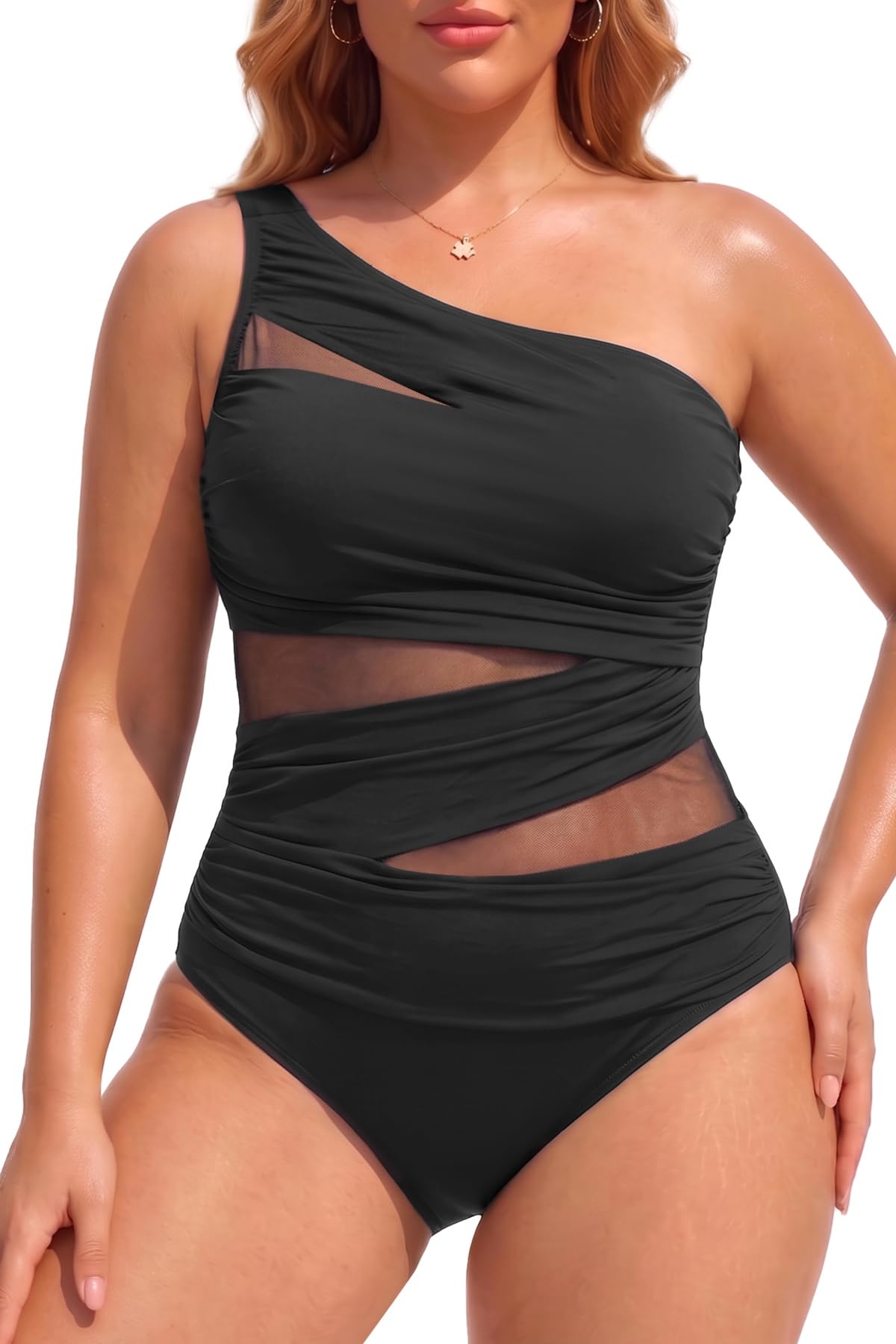 Photo 1 of Aqua Eve Plus Size One Piece Swimsuit for Women Tummy Control Bathing Suits One Shoulder Swimwear Black Mesh 18W