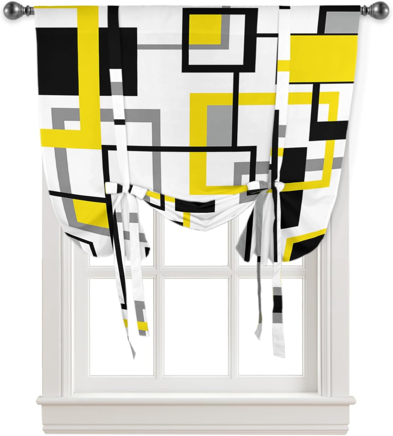 Modern Yellow Grey White Tie Up Window Shade Curtain Square Rectangular Geometric Kitchen Adjustable Balloon Curtains Shades Drape 52x63In for Living Room/Bedroom/Cafe Windows Abstract