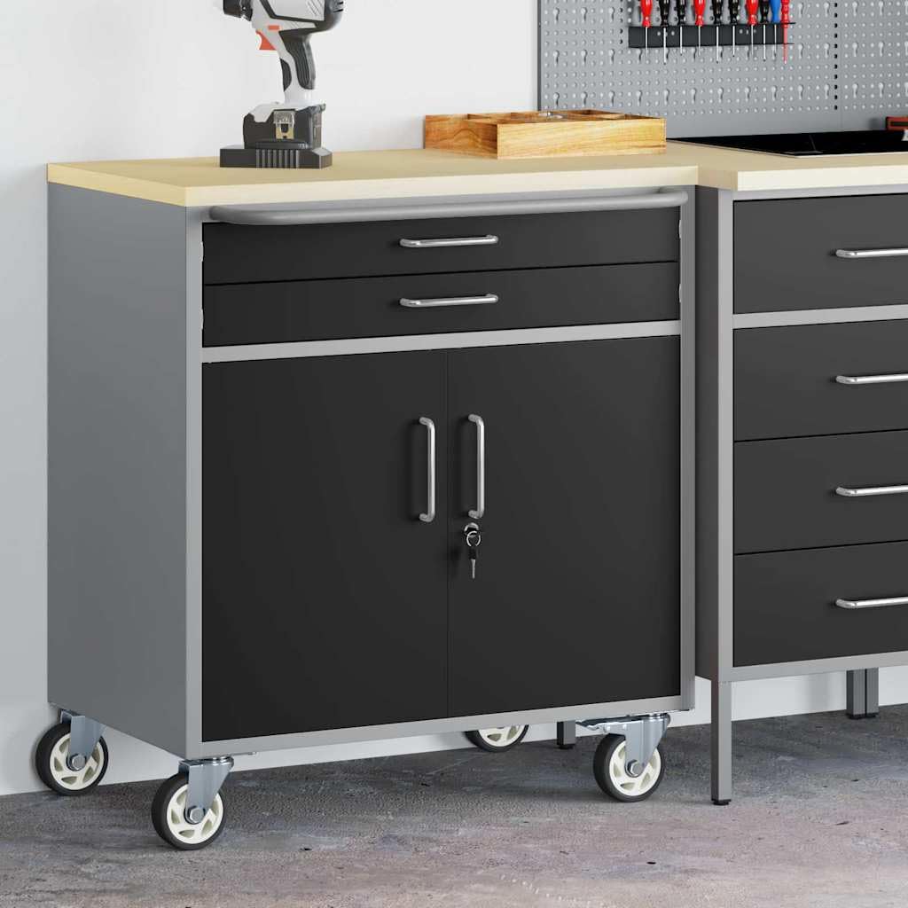 Banco de trabajo con cajones y puerta negro gris 75 x 45 x 85 cm, armario de herramientas con cerradura, armario de metal para taller, garaje, armario de almacenamiento con estante