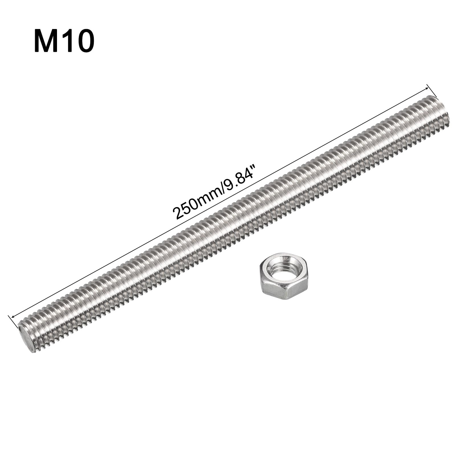 sourcing map 15 varillas totalmente roscadas M10 x 250 mm con 15 tuercas hexagonales, paso de rosca de 1,5 mm, acero inoxidable 304 para mano derecha