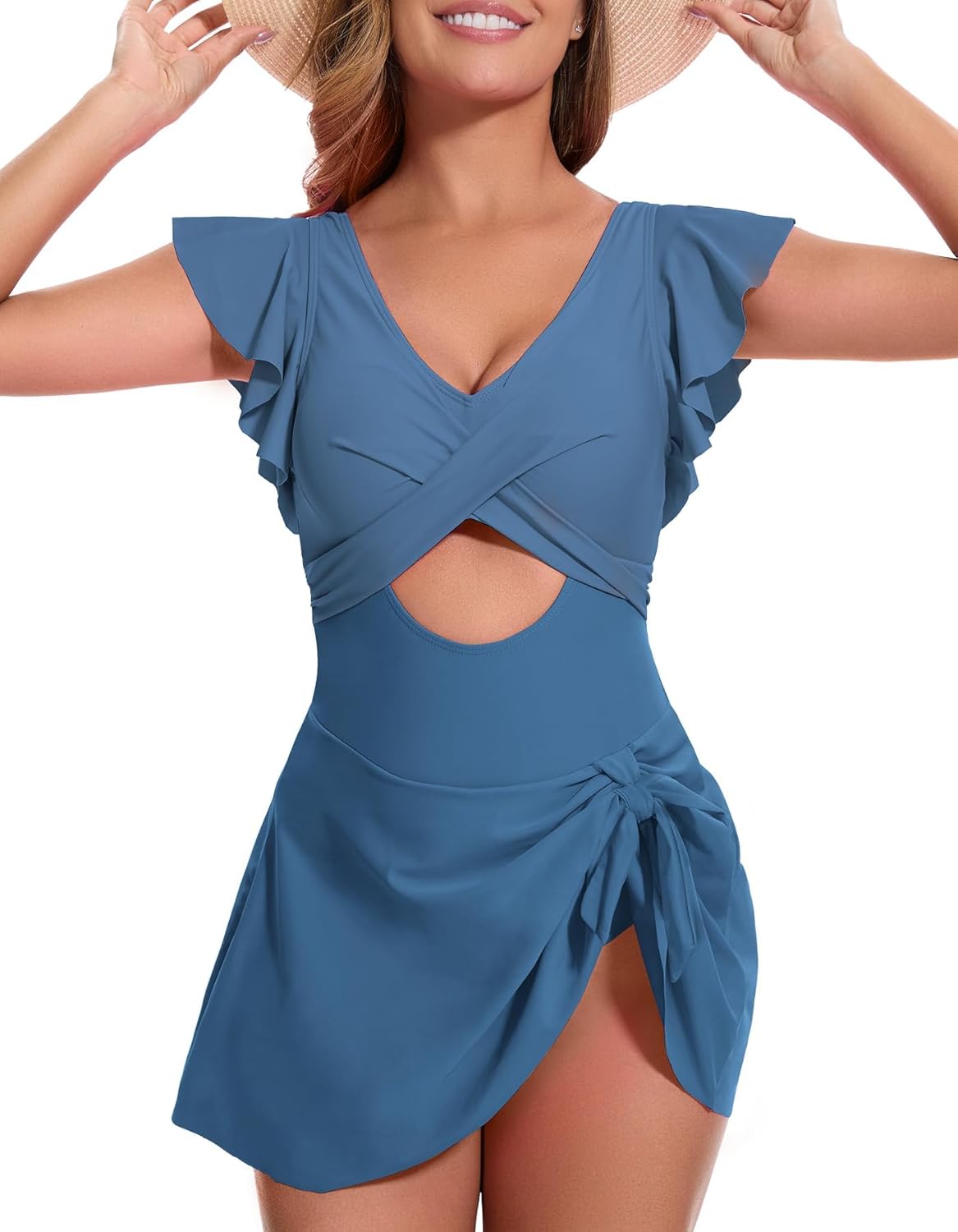 Women One Piece Swim Dress Tummy Control Swimsuits V Neck Ruffle Bathing Suit Cutout Sexy Wrap Side Tie with Skirt