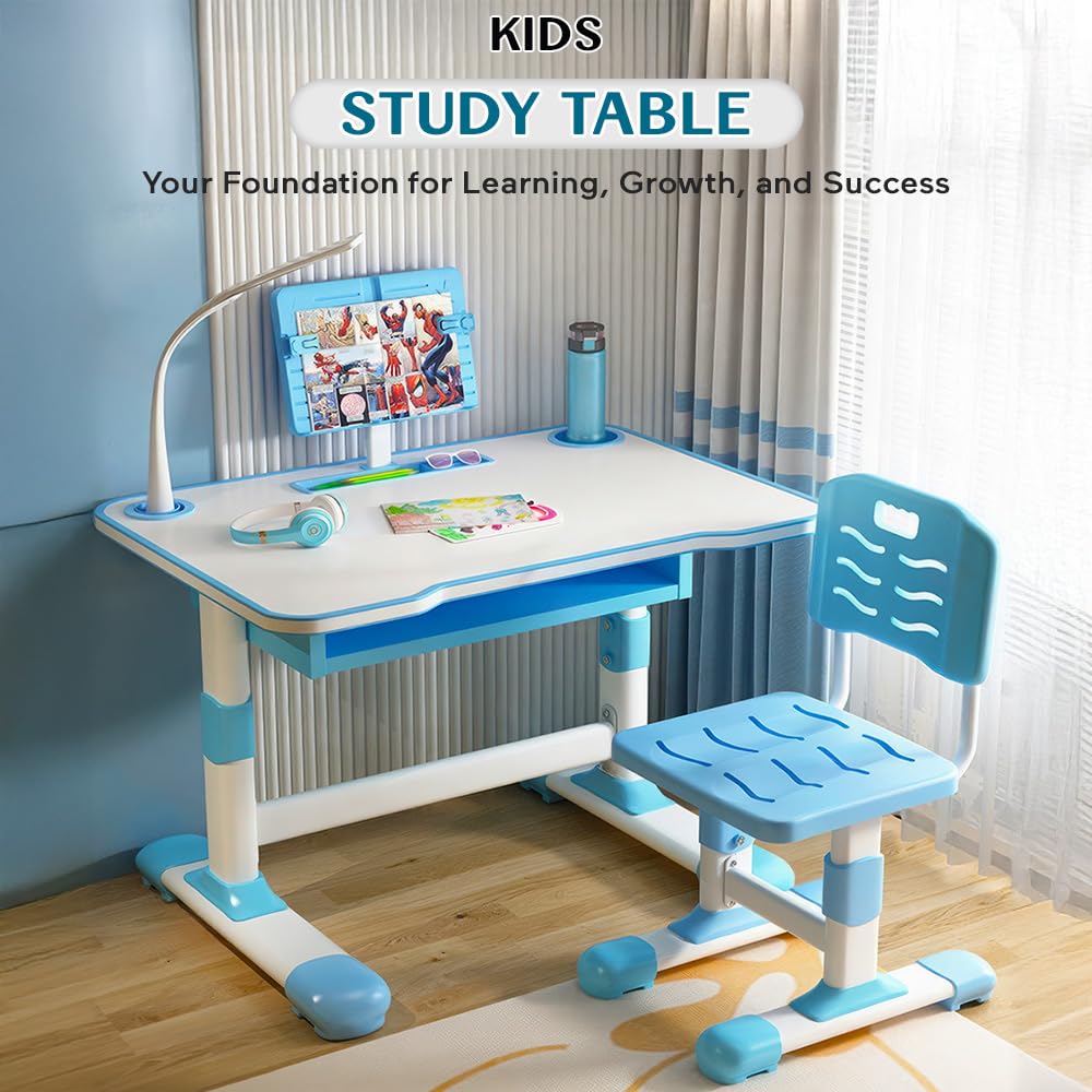 StarAndDaisy Kids Functional Desk Chair Set 3-12years Boys Girls/Kids Study Table with Height Adjustable/Study Table with Bookholder, LED Lamp, Storage Box (K80-Blue)