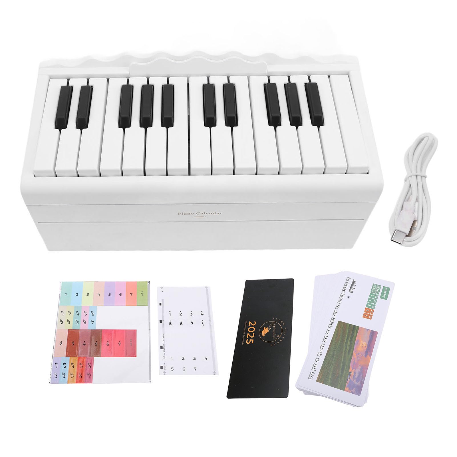 Alomejor Calendario de Piano, Calendario de Escritorio Reproducible con Manivela 2025 con Teclado de 25 Teclas y 52 Partituras Musicales, Gran Regalo para Amantes de la Música y (WHITE)