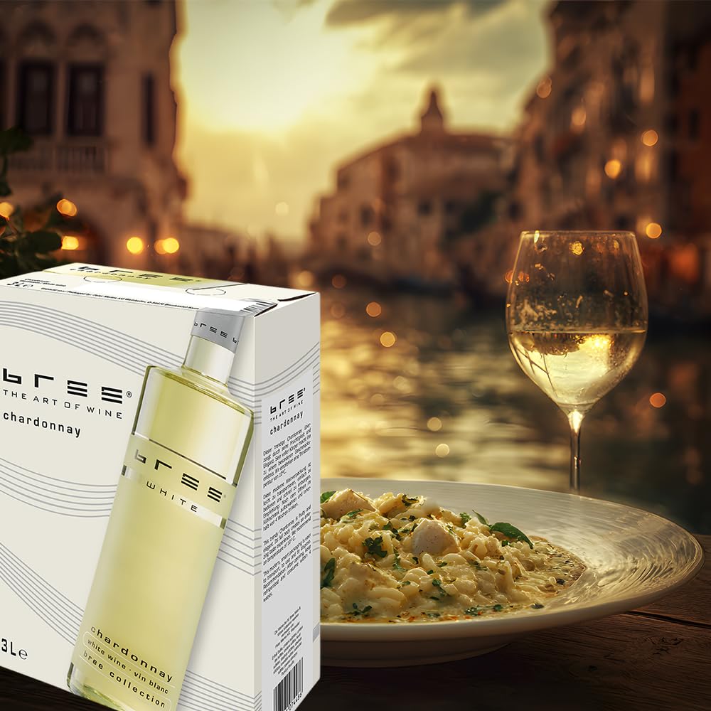 Bree Chardonnay IGP, halbtrocken, Bag-in-Box, sortenreines Weinpaket + VINOX Winecards (4x3,0l)