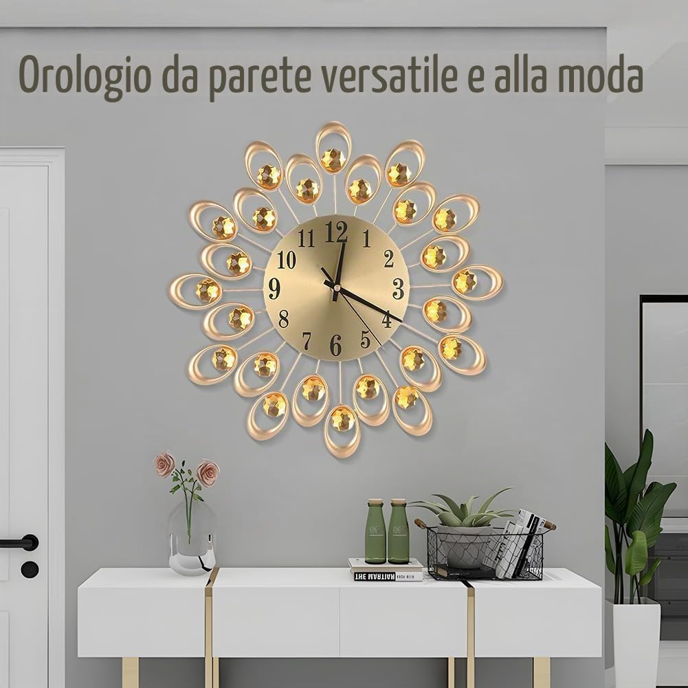 Jenngaoo Orologio da Parete, Orologio da Parete in Stile Europeo con Diamanti in Cristallo, Ferro, Arte, a Batteria, Muto, Decorazione Artistica per La Casa, Soggiorno, Camera da Letto, Ufficio(Oro)