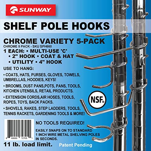 Shelf Pole Hooks 5-Pack | Chrome Variety Pack | Best Solution For Garage Shelving Storage Organization | Use With Metal Or Wire Shelves And Racks | Heavy Duty, Easy Installation #TOP6