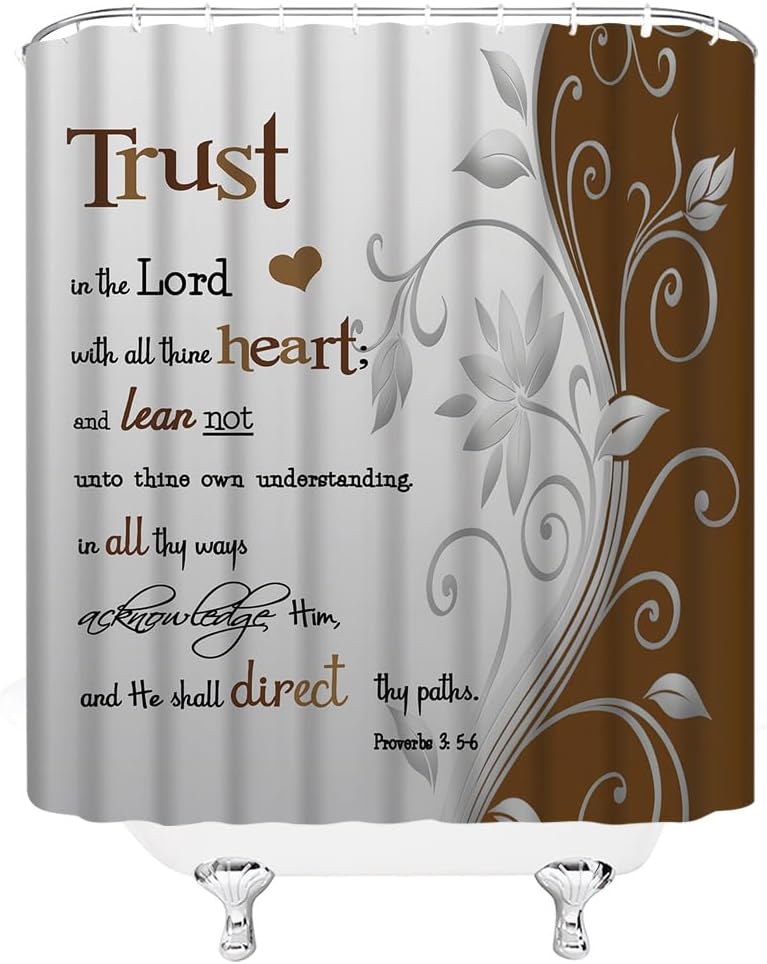 Inspirational Quote Shower Curtain Trust in The Lord Swirls Floral Motivational Word Proverb Bathroom Decor Polyester Curtains with Hooks