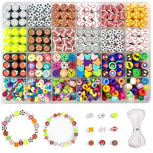 1000PCS Polymer Clay Beads for Bracelet Making 24 Style Sports Charms incl. Baseball Basketball Soccer Football Rugby Volleyball DIY Jewelry Making Supplies Kit