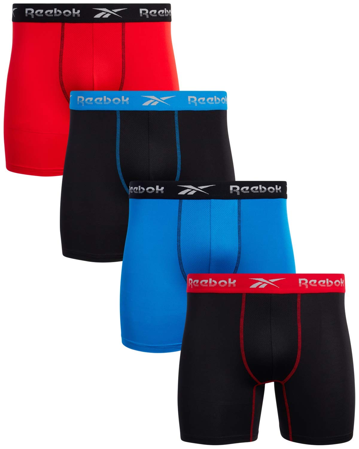Reebok Men's Performance Boxer Briefs with Comfort Pouch (4 Pack) (Black/Flame Scarlet/Black/Directoire Blue, Large)