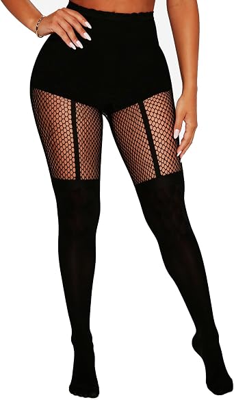 Sexy Faux Thigh High Tights Mock Suspender Pantyhose Fishnet Stockings Striped Goth Fishnets for Women