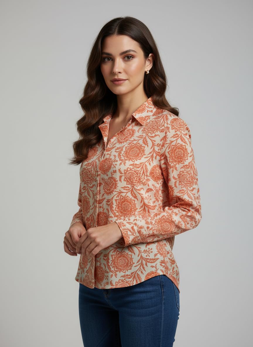 ANNI Designer Bedrucktes Damenhemd aus Baumwollmischgewebe, langärmelig, normale Passform, Hemdkragen, legere Bürokleidung, elegante Western-Kleidung für den Alltag, Hochzeit, Party