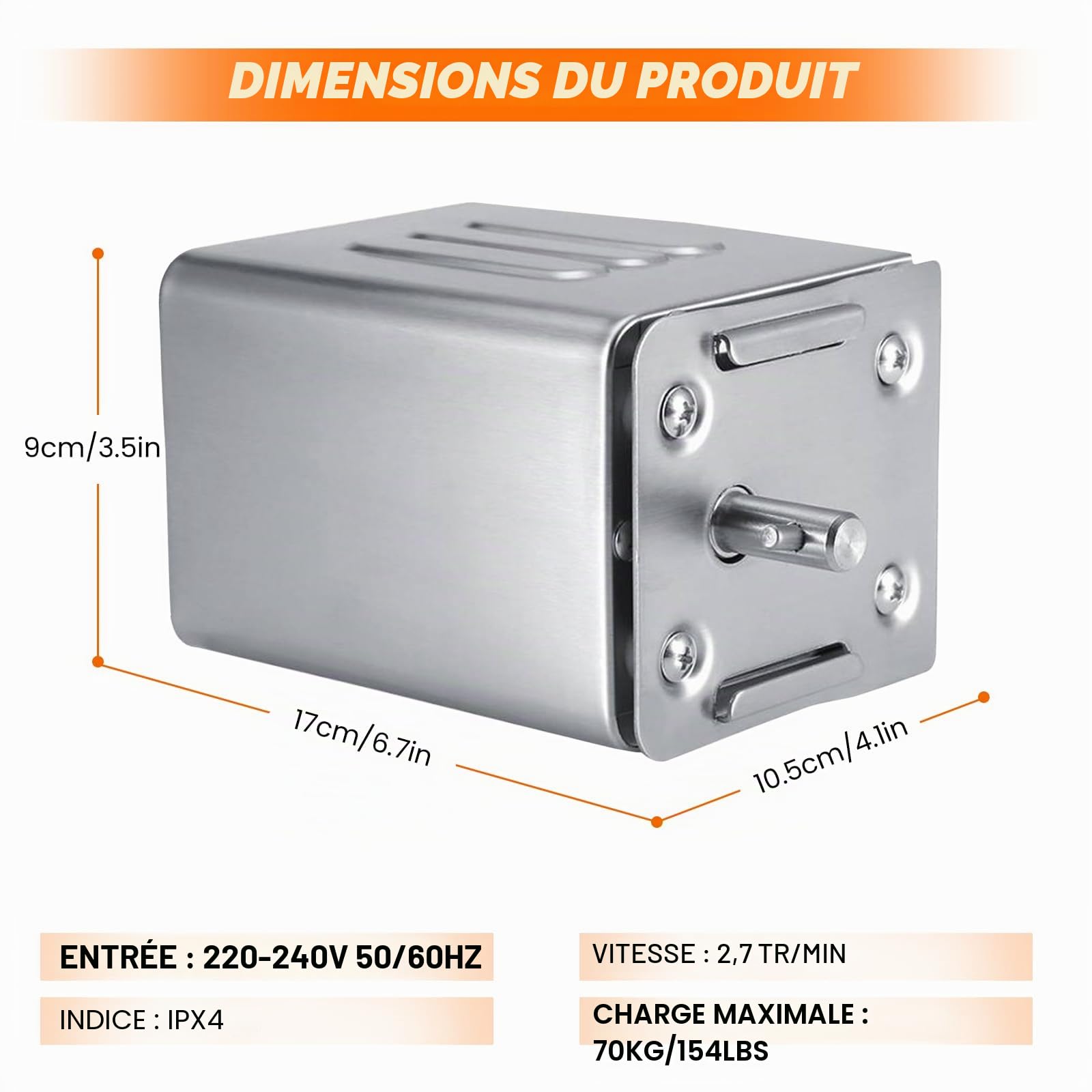 Tourne Broche Barbecue 15w 70kg Moteur Tourne Broche Sp-S40 2.7 RPM Moteur éLectrique pour Barbecue, Poulet, Porc, ChèVre GrilléE à L'ExtéRieur