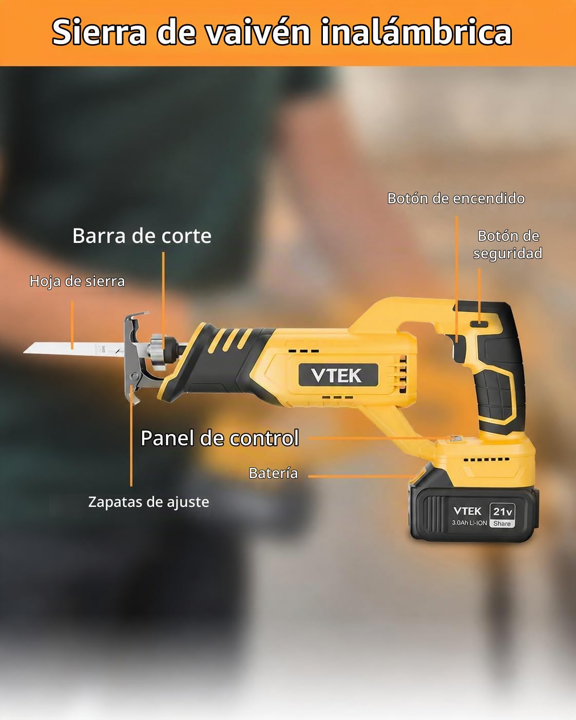 Sierra Sable Inalámbrica 20V Sierra alternativa inalámbrica VTEK sin escobillas, 0-3000 RPM 2 baterías,para cortar madera, metal y plástico.