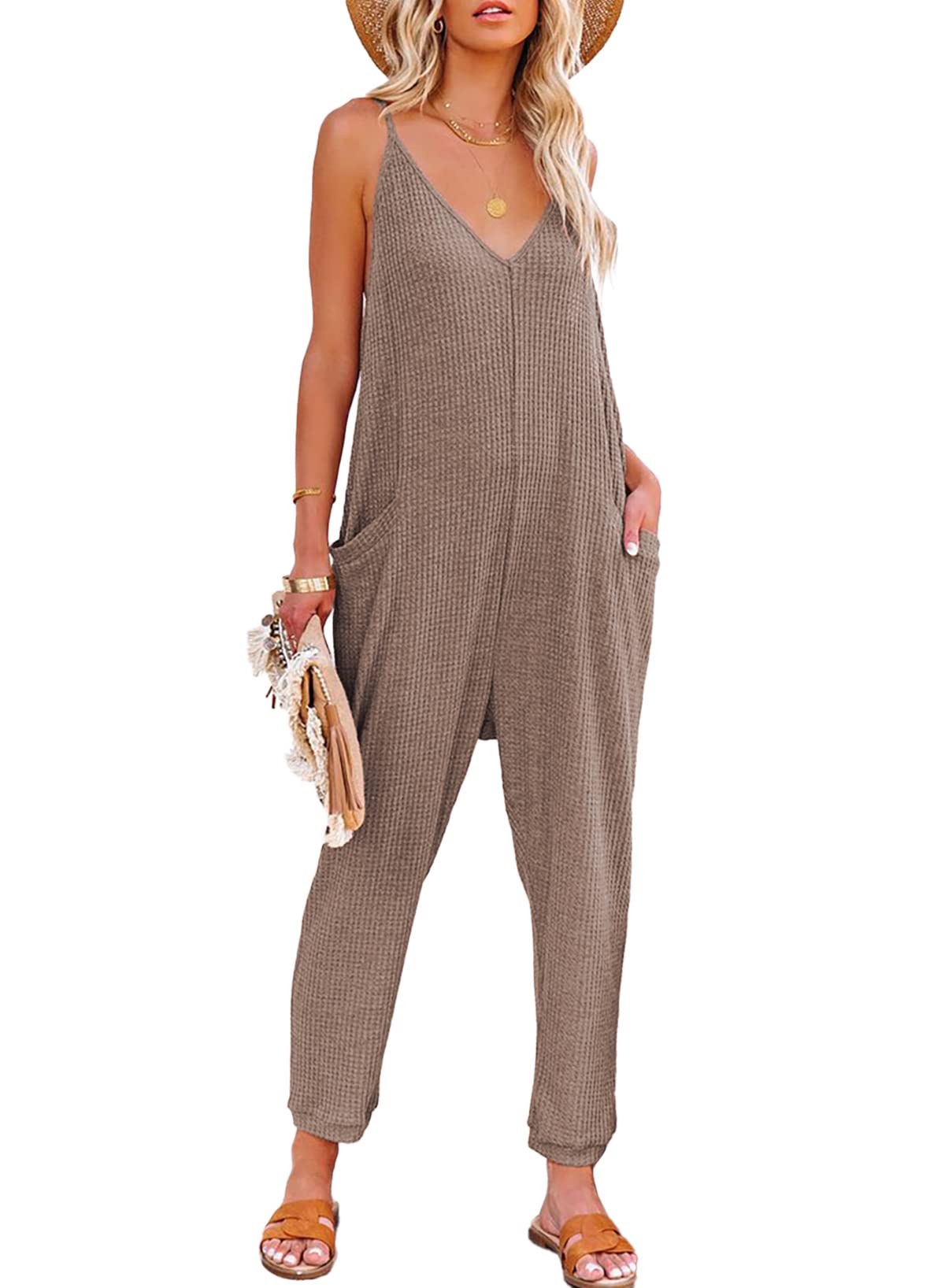 AlvaQJumpsuits for Women Casual Spring Clothes Sleeveless Loose Spaghetti Strap Overalls Jumpers with Pockets 2024