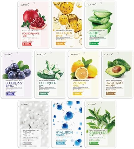 Eunyul Máscara de hoja natural Paquete de máscara facial coreana Aloe, colágeno, perla, hialurón, aguacate, granada, vitamina, arándano, té verde, pepino, paquete de 10