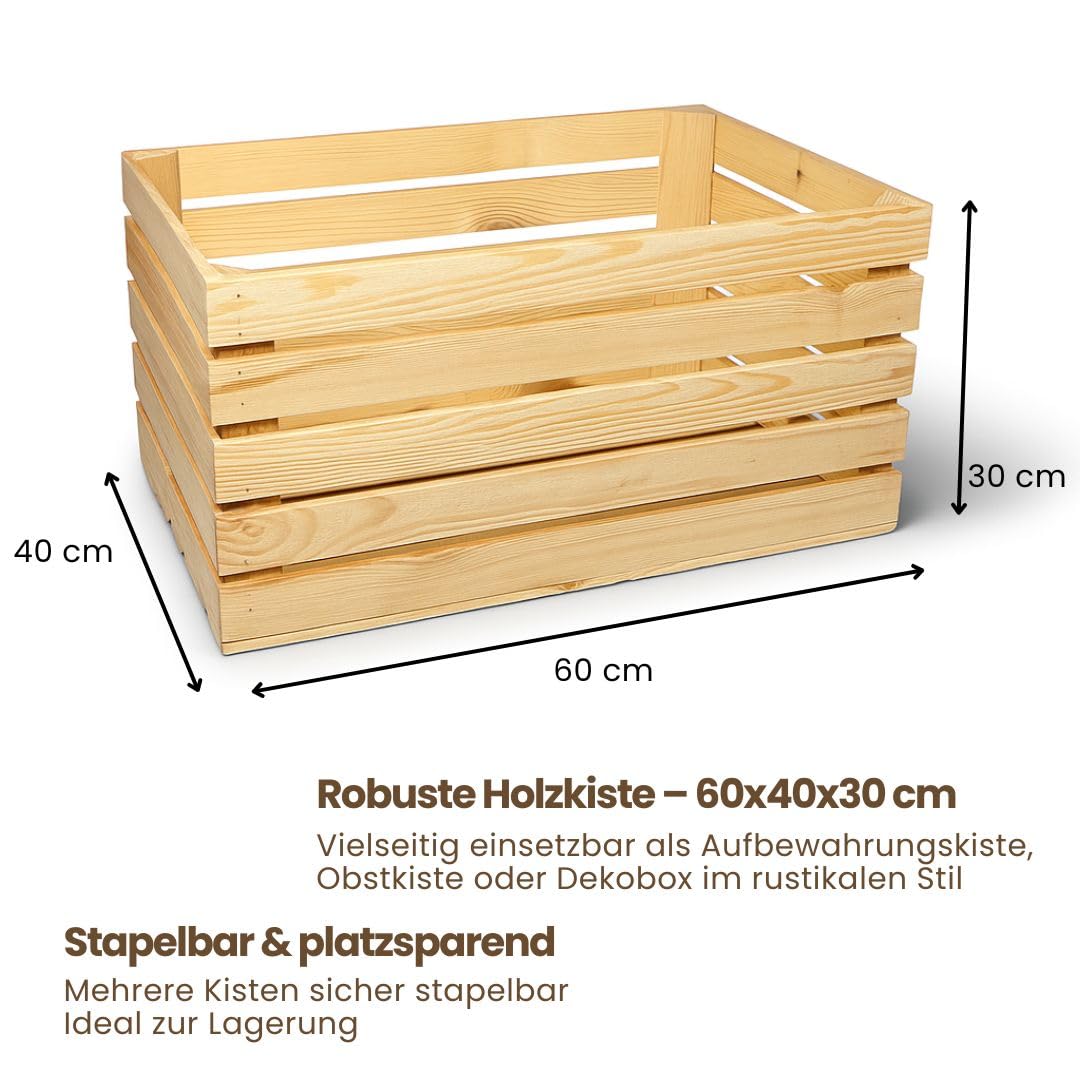 BAS Holzkisten Groß 60x40x30 cm - Aufbewahrungskiste aus Holz - Obstkiste Holz - Deko Weinkiste - Apfelkiste - 3 Stück - Vintage Holzbox für Kartoffeln Obst & Lagerung