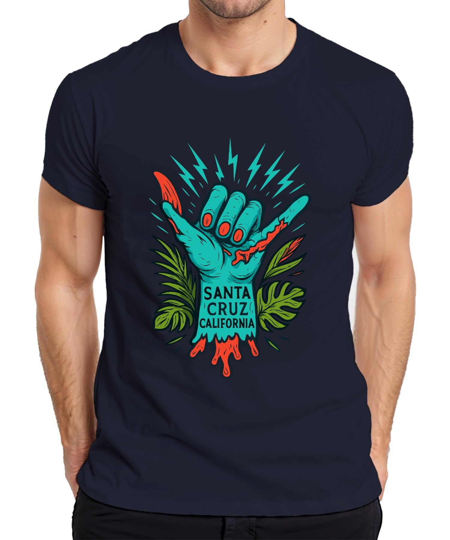 Printera Men's Navy Santa Cruz California Shaka Zombiehand Tropical Vintage Skate T-Shirt, M