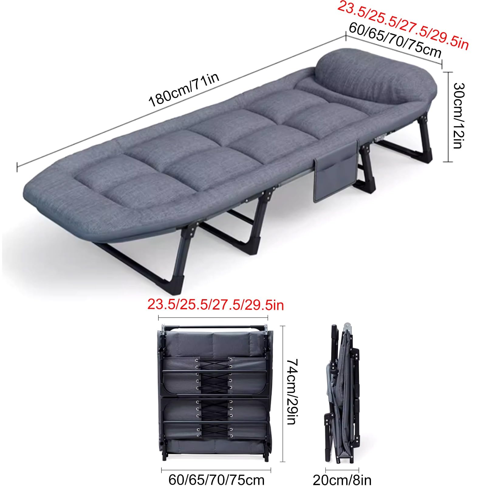 Letto Campeggio Adulti con Cuscino, Lettini da Campeggio, Letto Pieghevole Portatile per Dormire, Brandina Pieghevole con Materasso, Schienale Regolabile a 6 Livelli, Supporta(70cm)