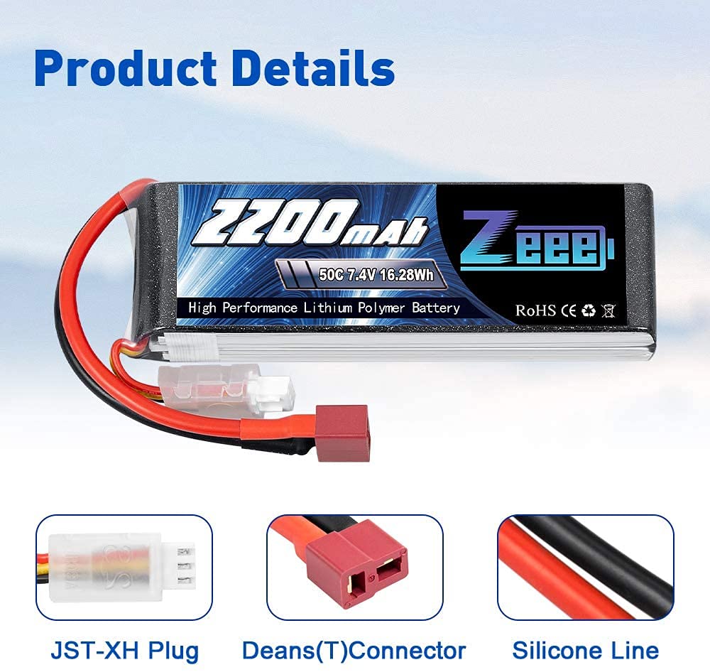 Zeee 2S Lipo 7,4V 50C 2200mAh Batteria RC con Connectore Deans T Spina per FPV Racing UAV Drone Veicolo a quattro assi elicottero RC Nave Veicolo Modells (2 pezzi)