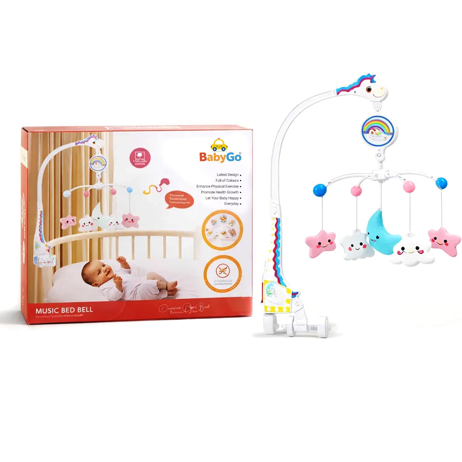 BabyGo Rotating Pony & Stars Musical Crib Cot Mobile | Hanging Jhoomer Rattle Toy for Baby Cradle, Infant Bed & Nursery Decoration | Newborn Soothing & Early Development Toy | Gift for Babies (Multicolor)