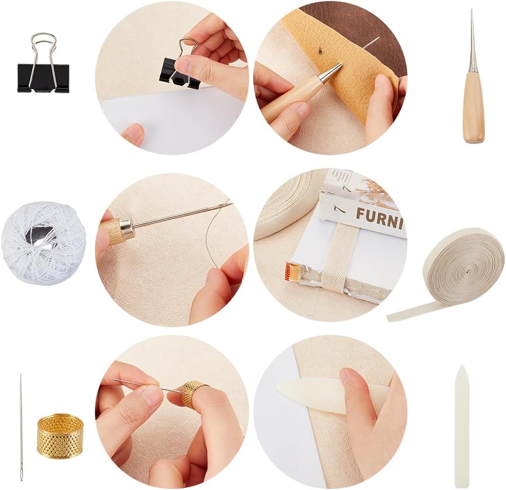 OLYCRAFT Book Binding Tool Kits Bookbinding Starter Tools Set with Needles Scissor Awl Tracing Wheel Tape Measure Thimble Cotton Threads Ribbon Natural Bee Wax Binder Clips for Bookbinding Supplies