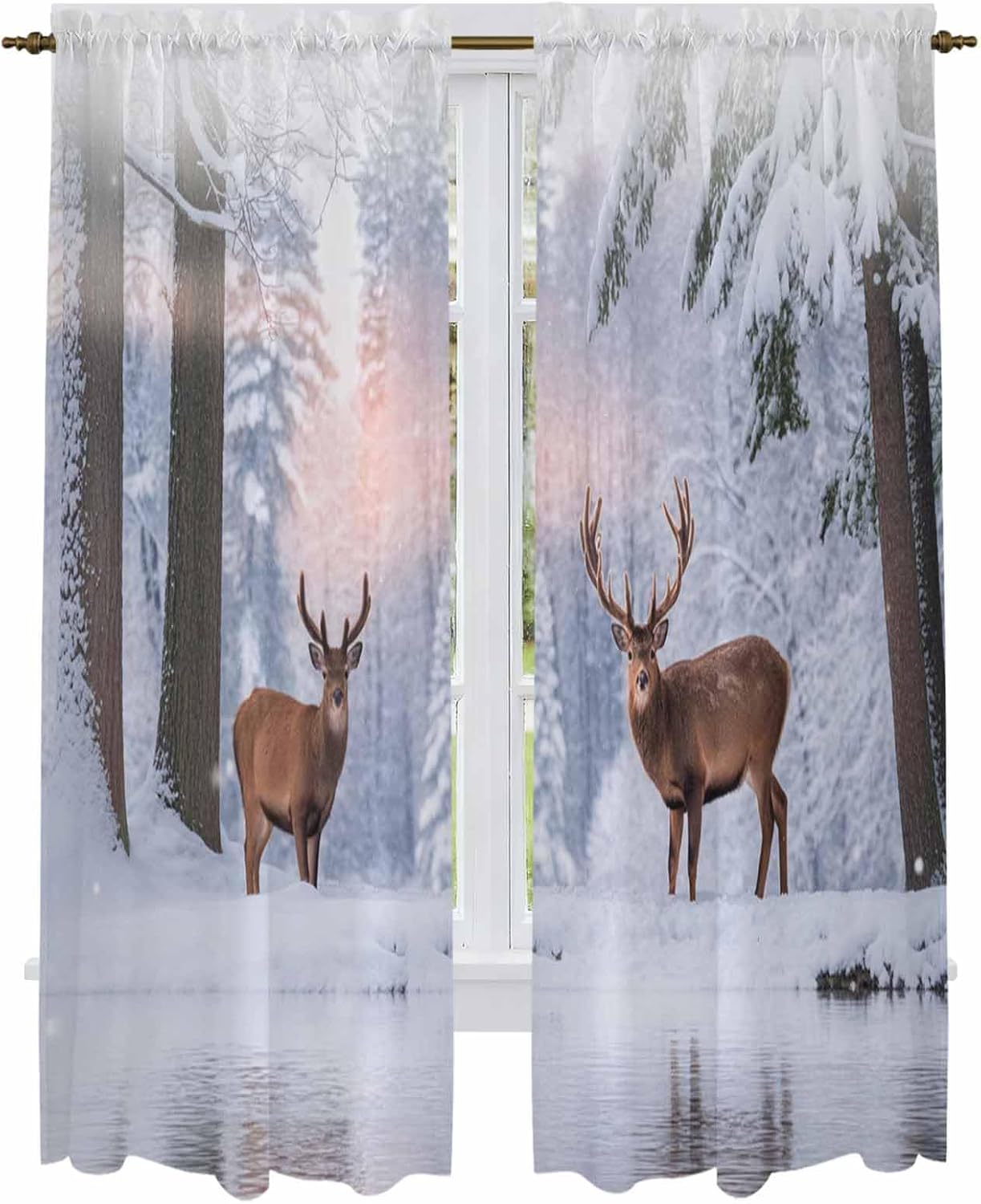 Christmas Window Curtains 72 Inch Long 2 Panel Set,Rod Pocket Long Curtains & Drapes,Winter Elk Snowy Forest Sunset Natural Scenery Light Filtering Window Treatment for Bedroom Living Room 52"W x 72"L