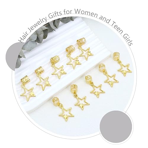 Miniatura 3 de NAISKA 10 clips de trenza de estrella dorada, accesorios para rastas, cuentas trenzadas de cinco puntas, pinzas para el cabello, accesorios de