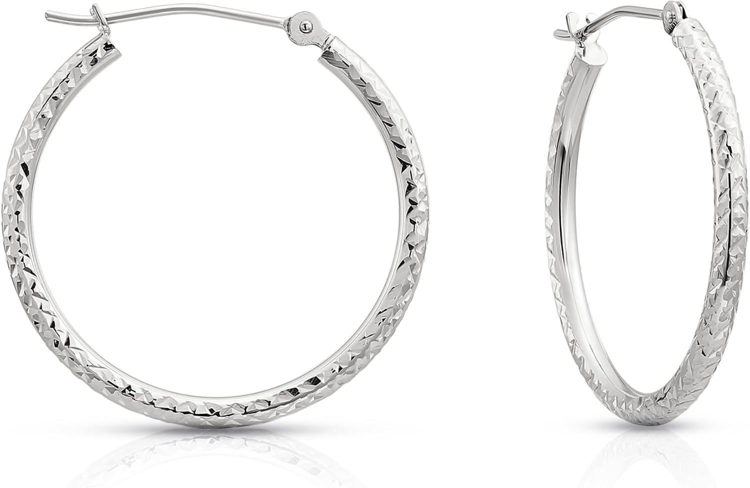 14K Gold Fancy Diamond-cut Round Hoop Earrings, Secure Latch Back Closure