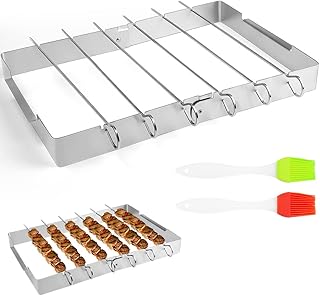 CIKYZE BBQ Kebab Rack Barbecue Skewers and Rack Set Stainless Steel Barbecue Rack with 6 BBQ Skewers Reusable BBQ Skewer Set Meat Skewers Accessories with 2 Brushes for Garden Grilling Picnic Camping