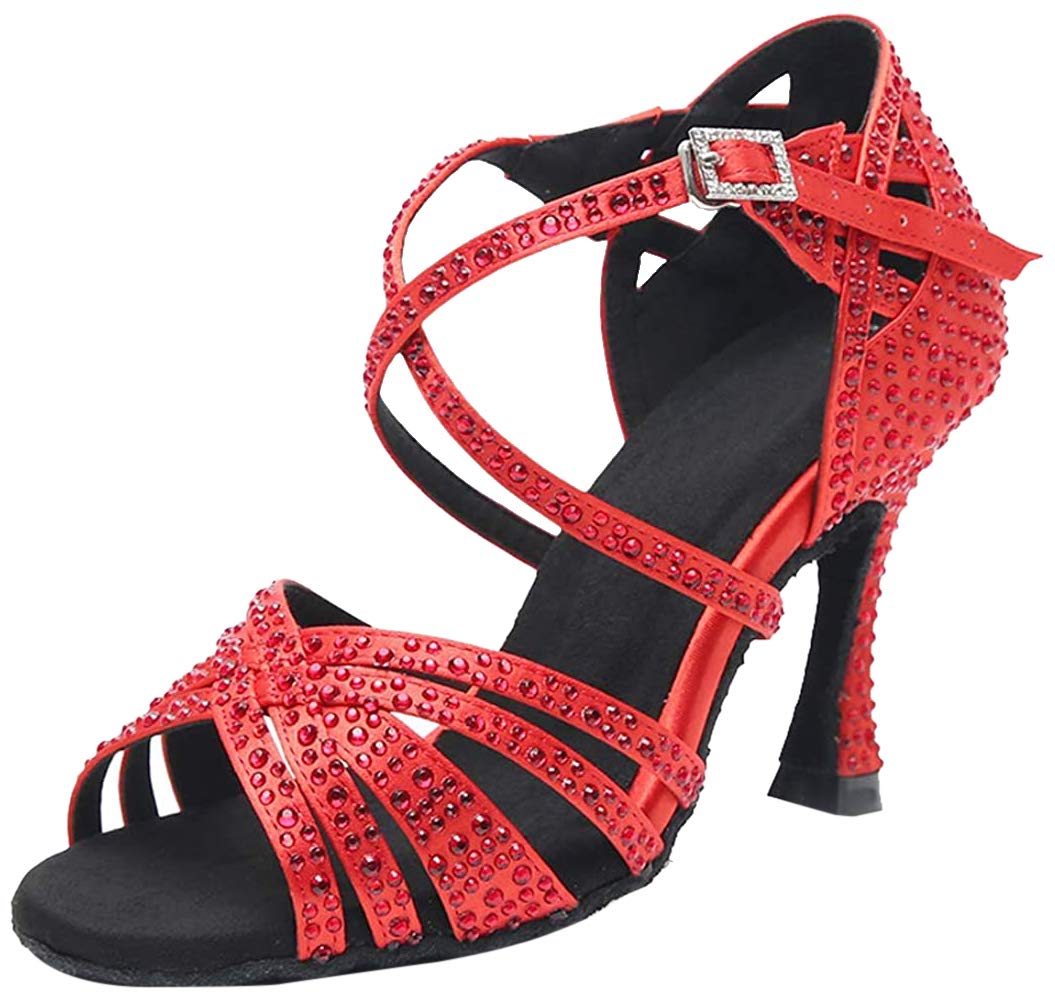 Sandalias de baile moderno latino con correa cruzada para mujer, con diamantes de imitación de tango social, bailes, Tacón marrón de 9 cm. — view 11