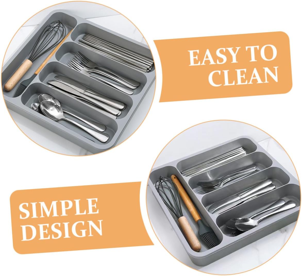 Expandable Silverware Organizer for Drawer, Gray Kitchen Cutlery Tray Dividers, Large Capacity Flatware and Utensil Holder for Household Drawer Storage