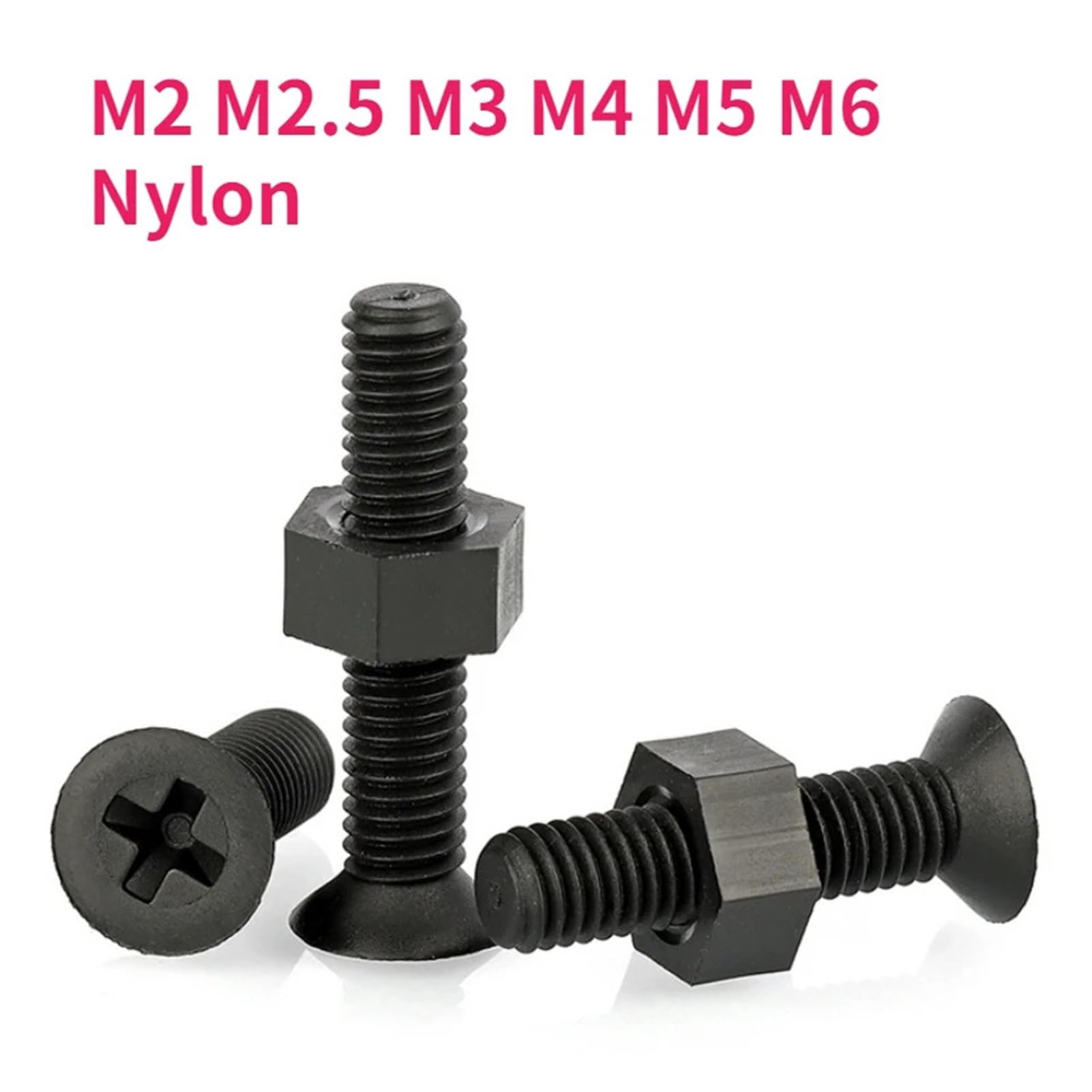20-50 set M2 M2.5 M3 M4 M5 M6 Set di dadi a vite in nylon nero a due pezzi Set di combinazioni di dadi esagonali con testa svasata a croce piatta(30sets,M2x12)