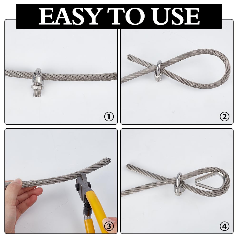 PH PandaHall Cable de acero inoxidable de 10 mm, 5 m, 7 x 19 hebras, cable de metal con guardacabos y abrazaderas, cuerda de alambre de avión para equipos de elevación de barcos, teleféricos