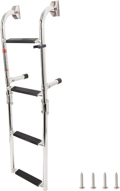 DasMorine 4 Steps Folding Ladder Boat Marine Pontoon Ladder Polished Stainless Steel 2+2 Step (Mounting Screws are Included)
