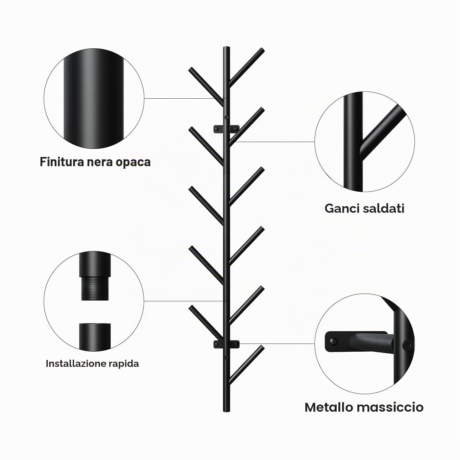 Nero Appendiabiti da Parete in Metallo - 100cm Moderno Design Attaccapanni da Muro con 11 Ganci, Appendiabiti a Muro per Giacche, Cappotti, Cappelli, Sciarpe e Borse