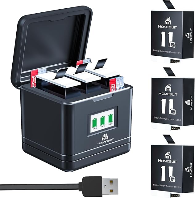 Homesuit Enduro Battery 1800mAh and 3-Channel LCD Charger Compatible with GoPro Hero 12 Black/GoPro Hero 11 Black/Hero 10 Black/Hero 9 Black, Suitable for extremely cold environments (3-Pack)