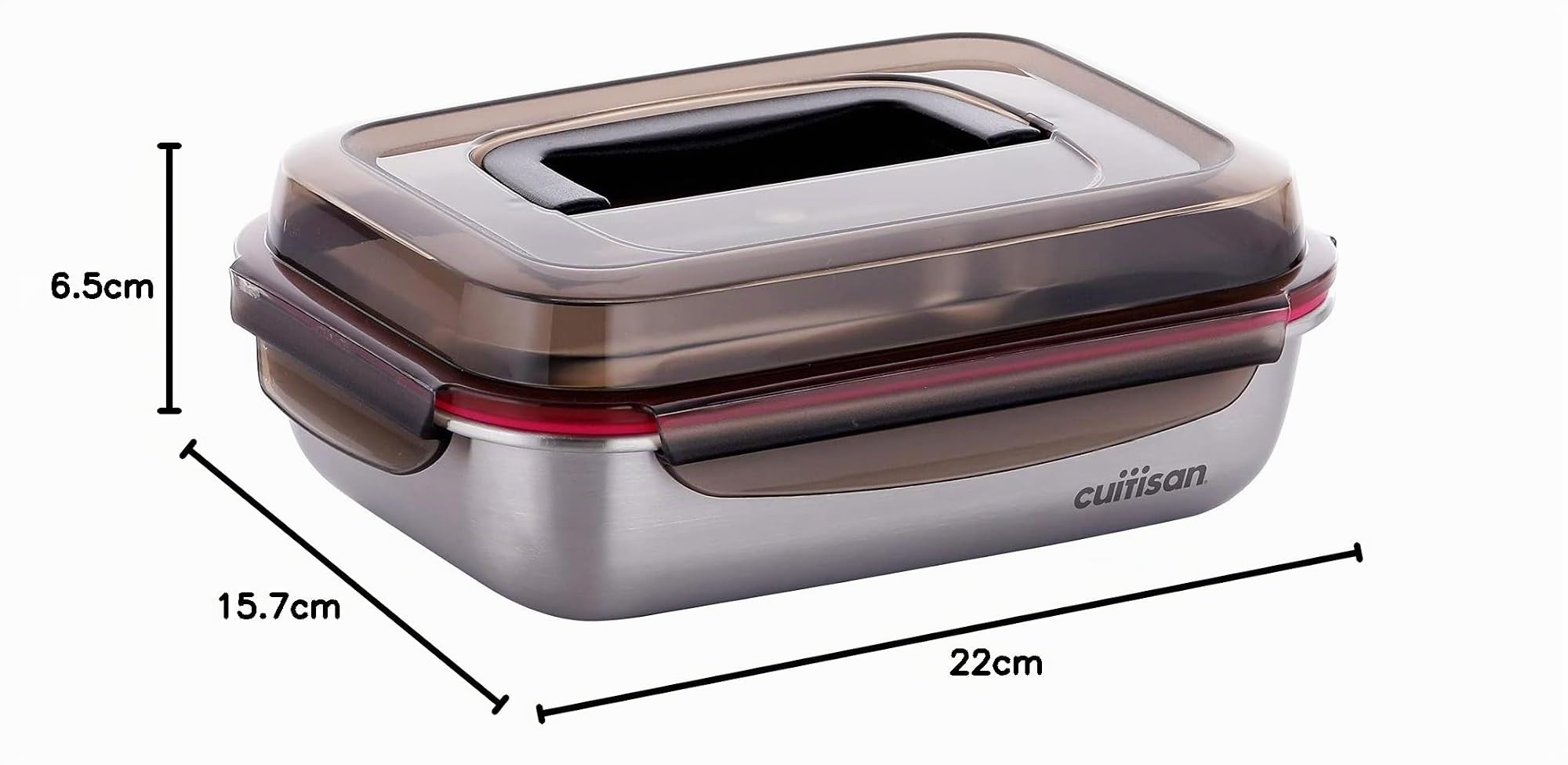 CANDL Cuitisan (Flora) recipiente alimentario hermético de acero inoxidable, tapa con clip con muñeca, rectangular, apto para microondas + horno, EC7-SSH01, (26,3cm x 20,0cm x 9,5cm / 1900ml)