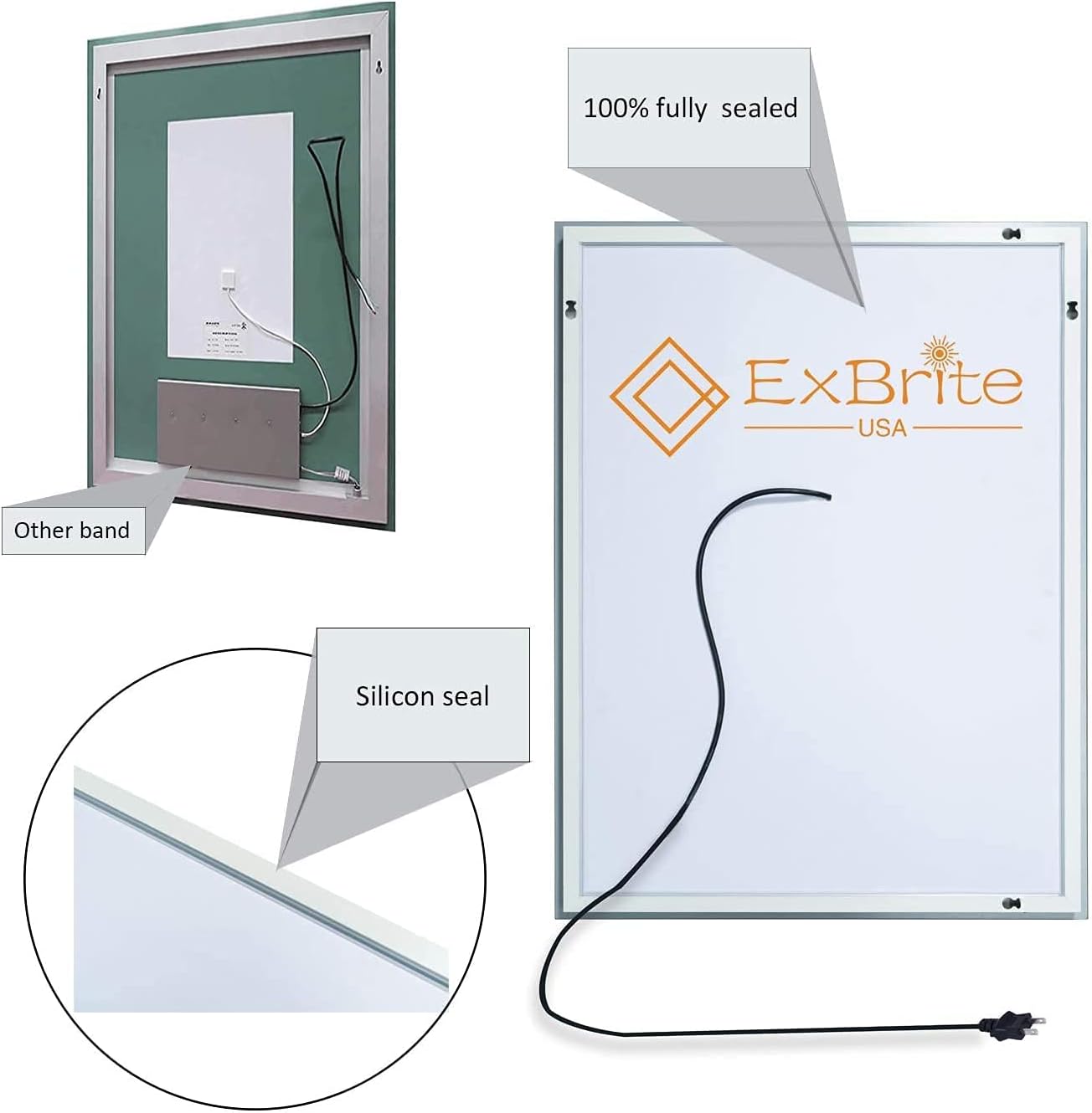 Back view of ExBrite LED Bathroom Mirror showing wiring and sealed construction