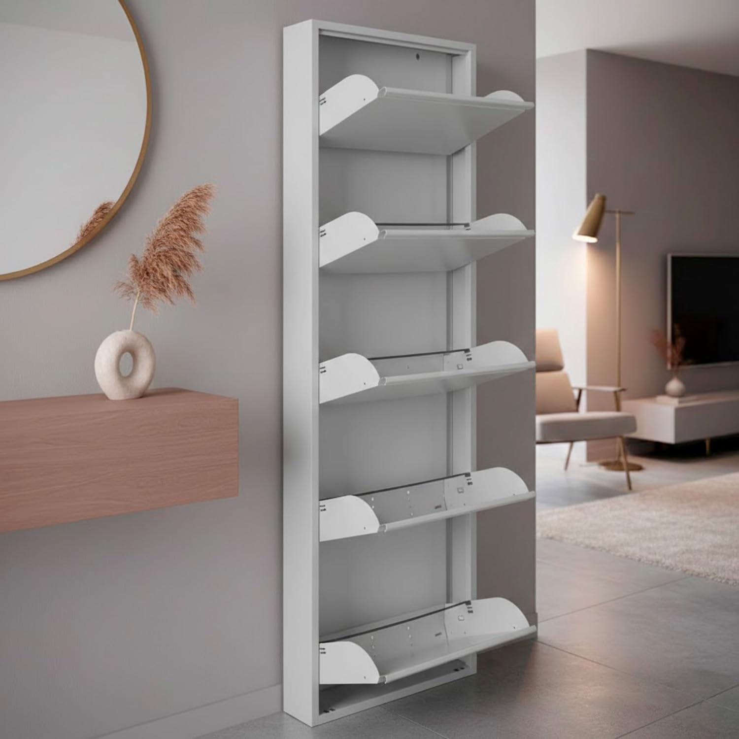 Bricozone Scarpiera Slim In Metallo 5 Ante A Ribalta Salvaspazio Ultra Sottile Profondita 15 Cm 172x50x15 Cm Porta Scarpe Verticale Moderna Per Ingresso Camera Corridoio Gia Montata (Grigio)