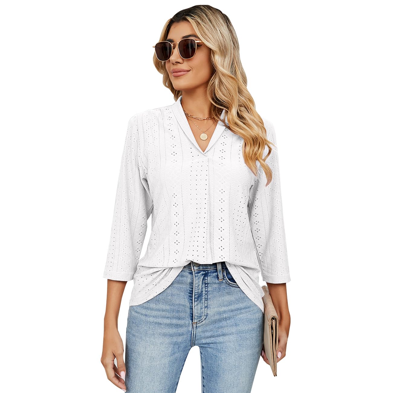 BKEPDY Camiseta de manga larga para mujer, cuello en V, informal, verano, sólida, hueca, suelta, túnica para mujer, blusas sueltas informales