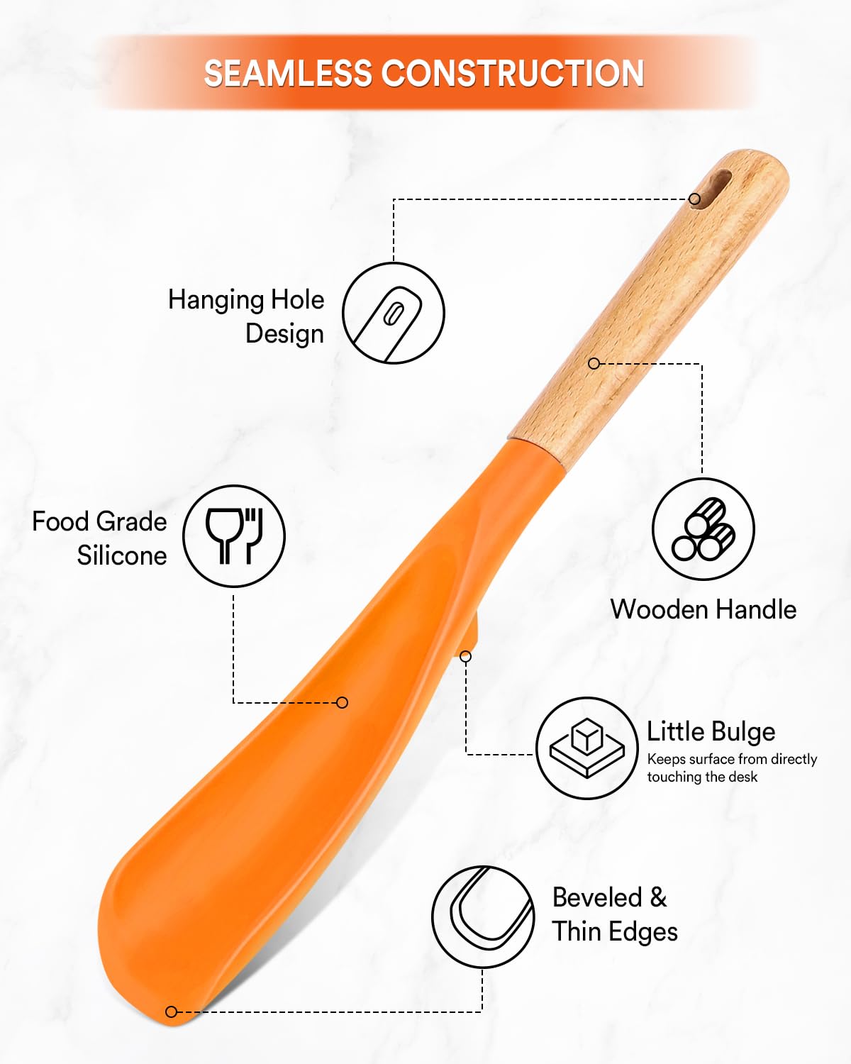 Kochlöffel und Reisschaufel für antihaftbeschichtetes Kochgeschirr, ideal zum Kochen und Servieren, stabiles BPA-freies, mattes Silikon, Holzgriff zum Mischen, Schaufeln und Schaben (Orange)