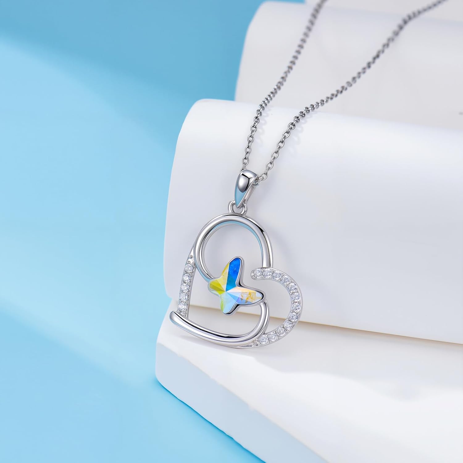 Butterfly Necklace for Women 925 Sterling Silver Heart Butterfly Pendant Necklace Embellished with Crystals - Image 4