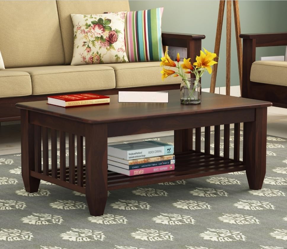 Image of Swangia Art Solid Sheesham Wood 5 Seater Sofa Set with Center Table for Living Room | Wooden 3+1+1 sofa set with Coffee Table for Home | Five Seater Sofas With Storage & Cream Cushion| Mahogany Finish